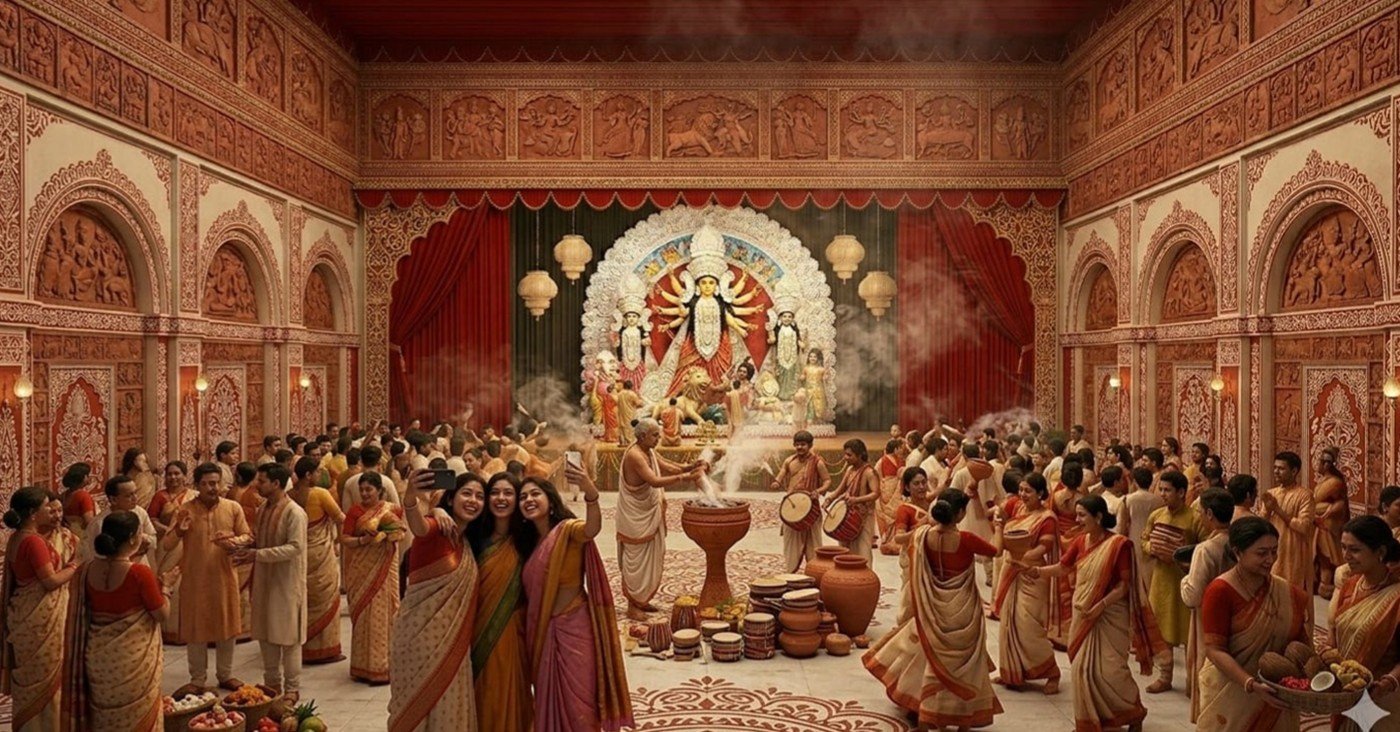 Devotees performing aarti before the Durga idol at Anandadhara